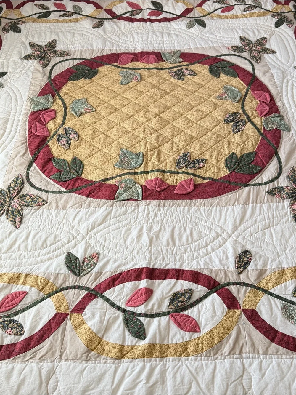 Vintage Floral Appliqué Cotton Quilt Queen 90x88 White Pink Green 3D Leaves